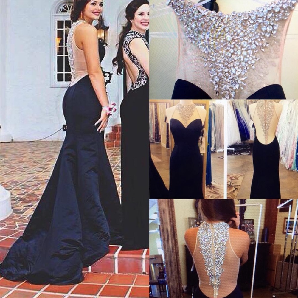 size 4 black jovani dress embellished with rhinestones down back & chest.